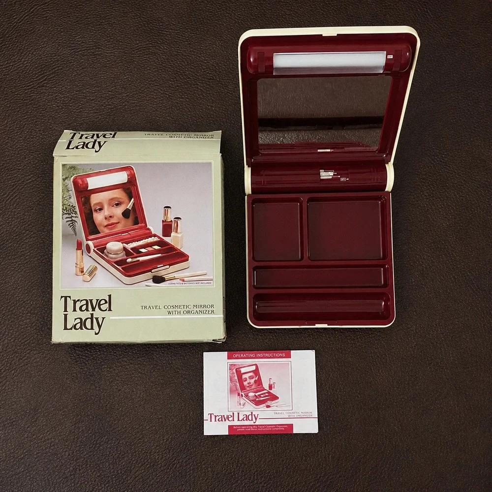 Vintage Travel Lady Lighted Cosmetic Mirror with Organizer Burgundy Cream Box
